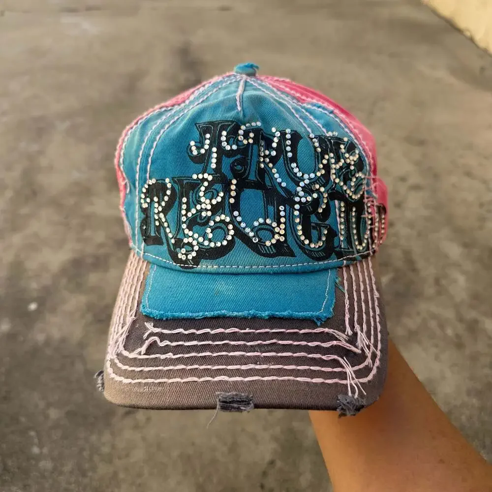 True Religion Rhinestone Distressed Trucker Hat Pink Blue